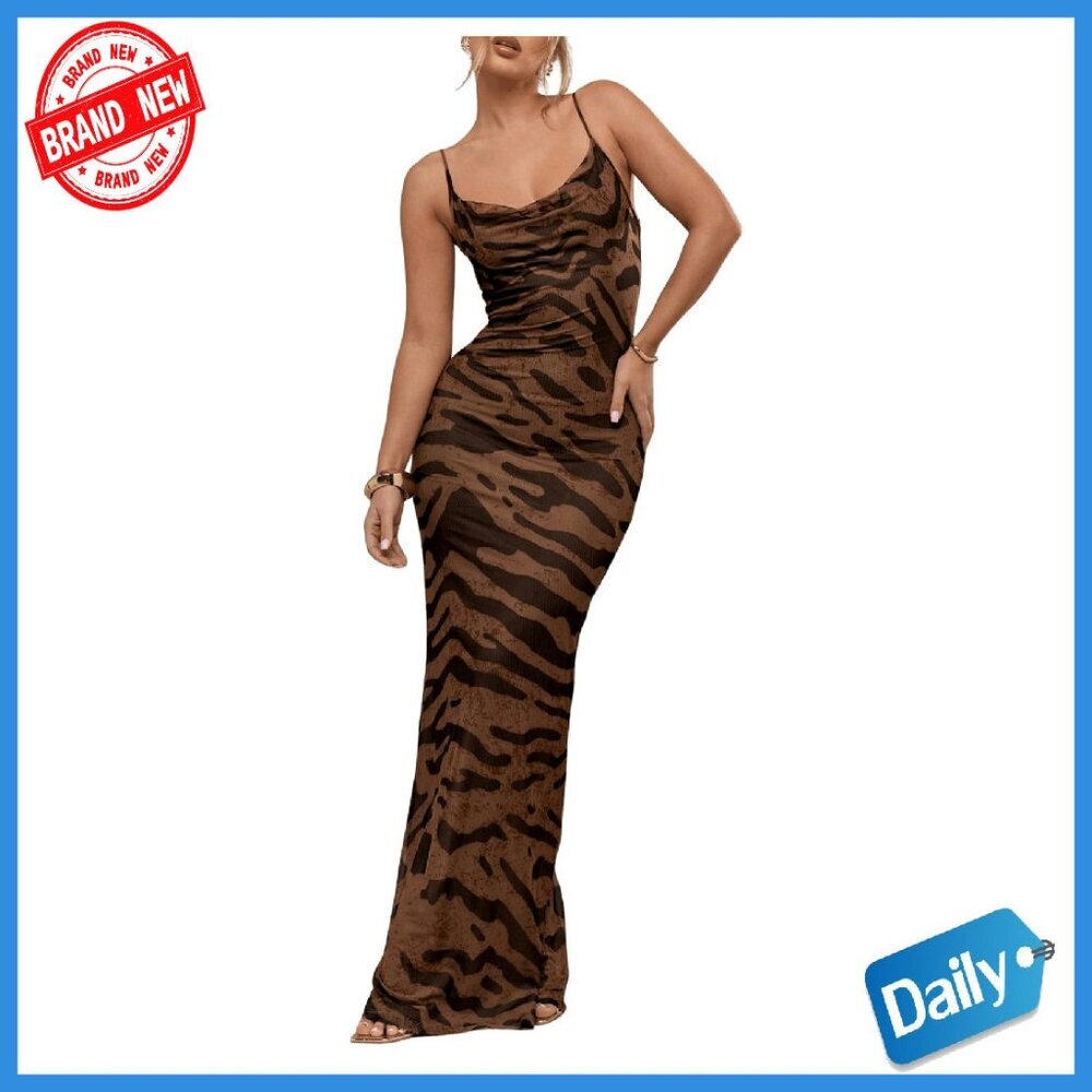 Maxi Dress Zebra Print Cowl Neck Sleeveless Open Back Formal